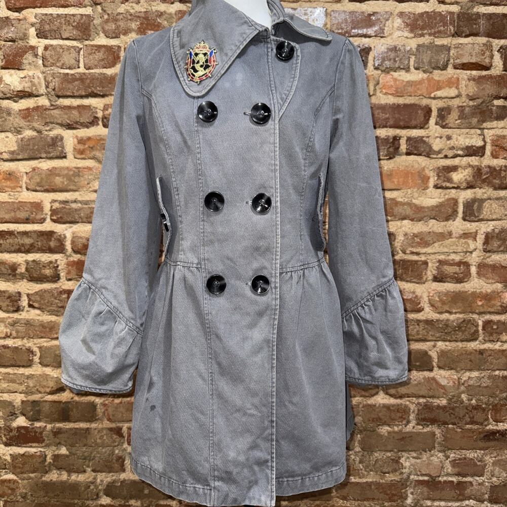 Women’s Unique Gray Long Cuff Sleeve Pleated Cotton Double Breasted Coat Crest L